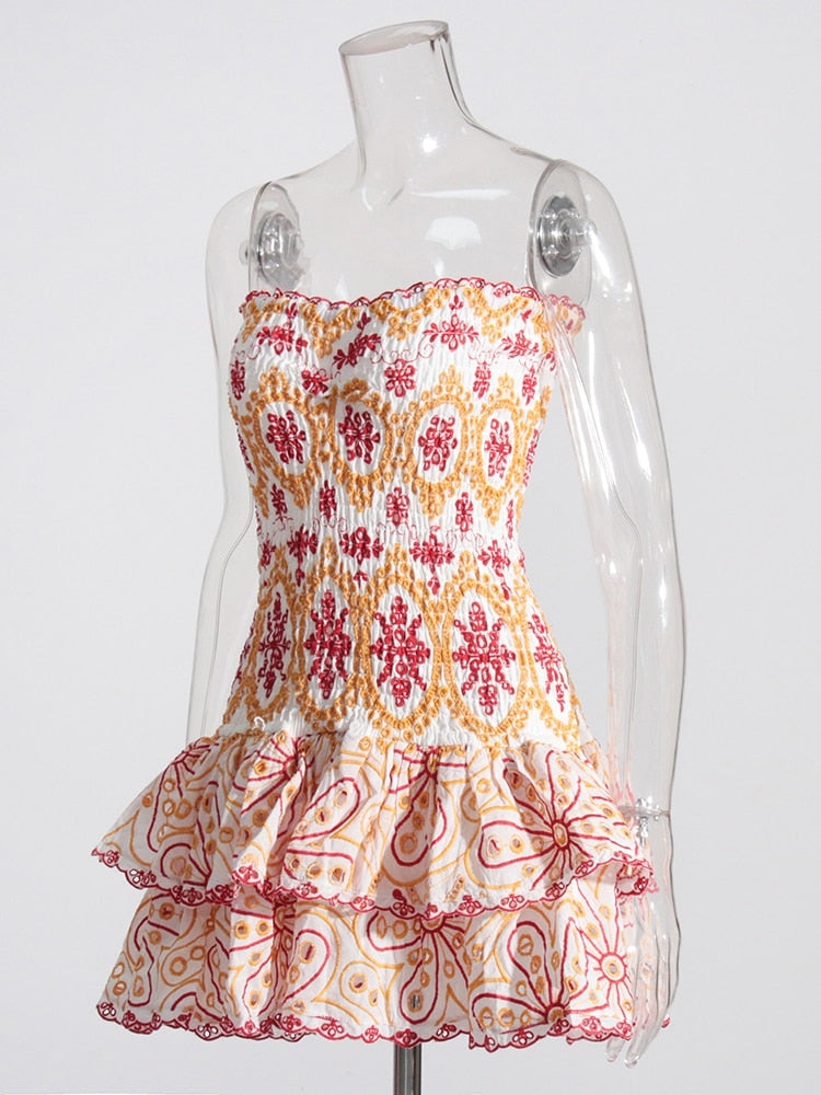Embroidered Design Tube Ruched Mini Dress