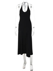 Black Deep V Neck Solid Midi Dress
