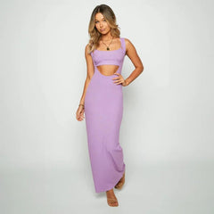 Ribbed Bandeau Deep Neck Layered Strap Long Dress - Free From Label