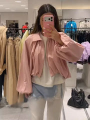 Short Pink Balloon Sleeve Bomber Pleated Zipper Jacket
