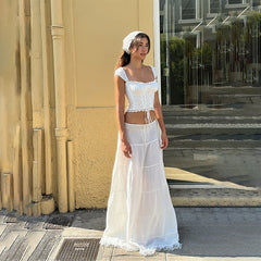 White Lace Tie-Up Top And Maxi Skirt Set - Free From Label