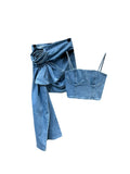 Denim Elastic Zipper Suspender Rose Patchwork Mini Skirts Suits