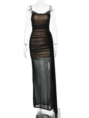 Black Mesh Spaghetti Strap Ruched Draped Maxi Dress