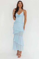 Spaghetti Strap 3D Rose V Neck Ruffle Maxi Dress