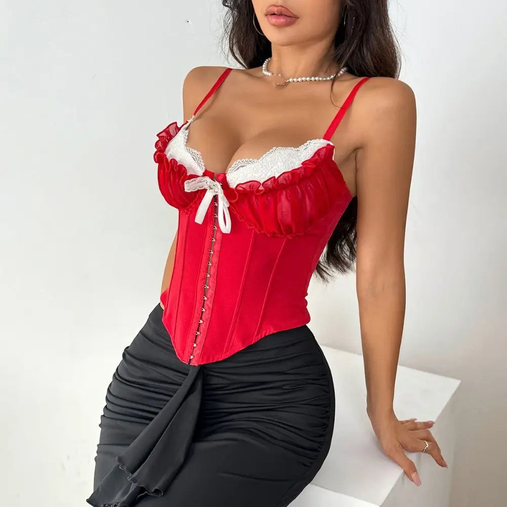 Woman wearing a red corset top with white lace trim