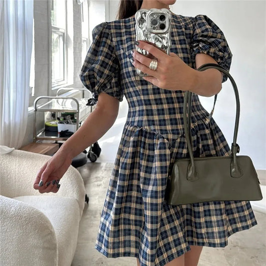 Plaid Round Neck Puff Sleeve Bow Tie Cuffs Mini Dress