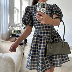 Plaid Round Neck Puff Sleeve Bow Tie Cuffs Mini Dress