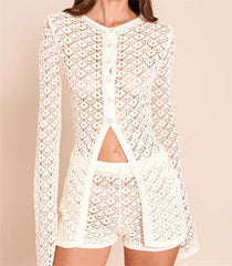 Crochet Long Sleeve Tee with Shorts Set