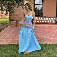 Stripe Patchwork Halter Top And Long Skirt Set
