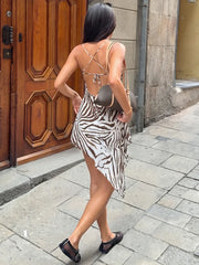 Zebra Print  Cowl Spaghetti Strap Irregular Hem Mini Dress