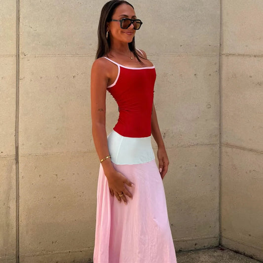 Contrast Color Strappy Solid Midi Dress