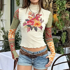 Floral Print Patchwork Ruffle High Neck Top