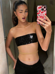 Sheer Tank Top With Black Sequin Patchwork