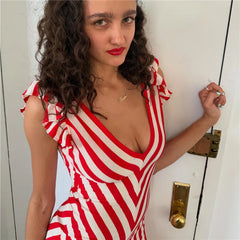 Red  Chevron Striped Ruffle Cap Sleeve Midi Dress