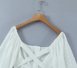 White Doily Print Long Sleeve Open Back Mini Dress