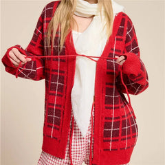 Red Plaid Lace Up Knit Cardigan