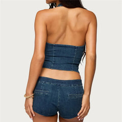 Denim Halter Crop Top and Low Waist Shorts Set