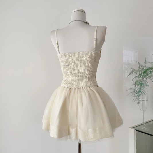 Spaghetti Strap Floral Embroidered Top and Mesh Skirt Set