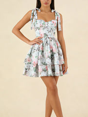Print Corset Style Bow Strap Tiered Ruffled Mini Dress