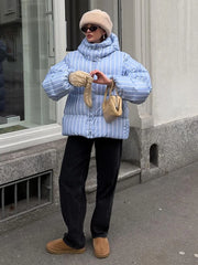 Stripe Stand Collar Zipper Parka Jacket