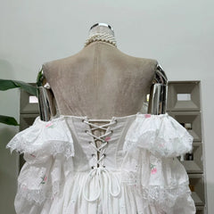 White Square Collar Puff Long Sleeve Lace Trim Floral Embroidered Mini Dress