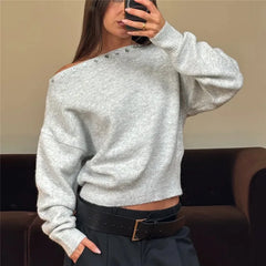 Asymmetric Off Shoulder Button Trim Knit Sweatshirt