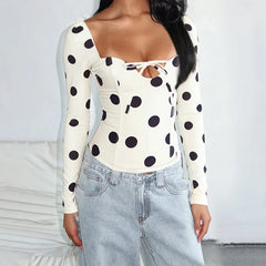 White Polka Dot Tie-up Front Long Sleeve Top