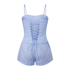 Striped Spaghetti Strap Lace Up Top And Elastic Waist Shorts Lounge Set