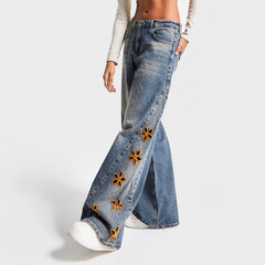 Wide Leg Floral Embroidered Denim Jeans
