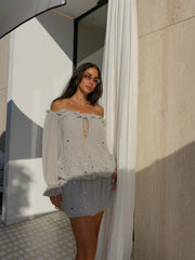 Grey Off Shoulder Ruffle Sequin  Drawstring Waist Mini Dress