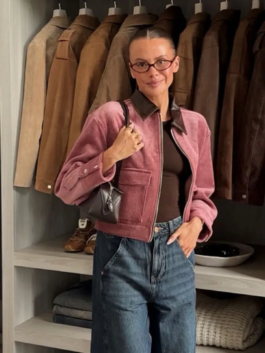 Pink Corduroy Turn-Down Collar Zipper Jacket