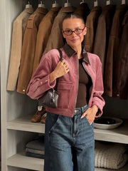 Pink Corduroy Turn-Down Collar Zipper Jacket