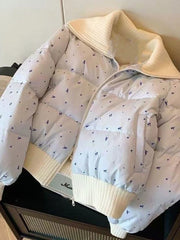 Blue Floral Print Puffer Ribbed Trim Zipper Jacket