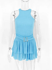 Blue Ribbed Tank Frill Mini Dress