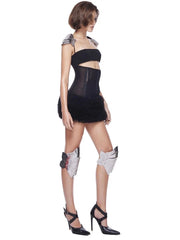 Black Fur Gem Corset Cut Out Mini Dress