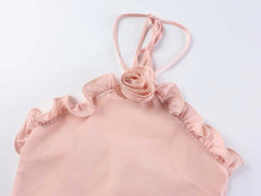 Pink Halter 3D Flower Ruffle Maxi Dress
