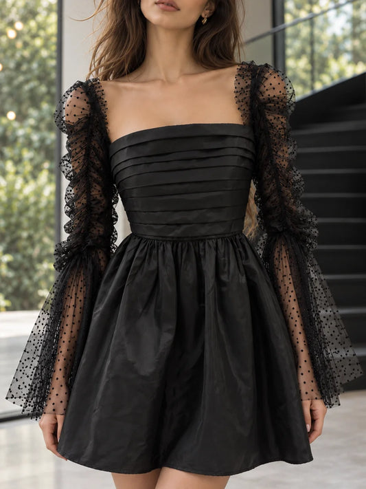 Black Satin Sheer Long Polka Dot Sleeves Mini Dress