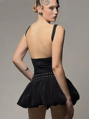 Black Rivet Belt Square Collar Sleeveless Mini Dress