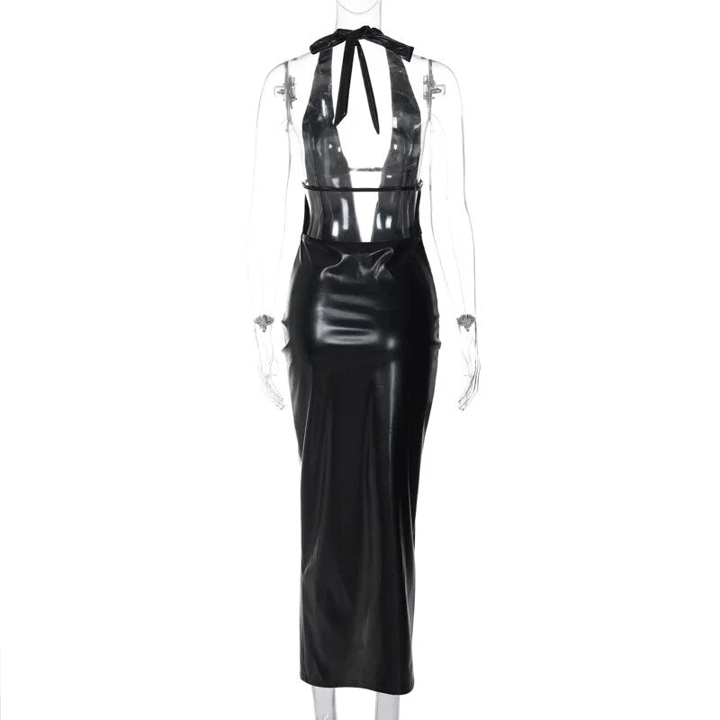 Black Faux Leather Deep V-Halter Backless Maxi Dress – Free From Label
