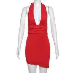 Deep V-neck draped mini dress for women.