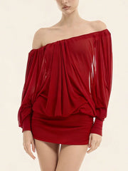 Off-Shoulder Long Sleeve Open Back Puff Mini Dress
