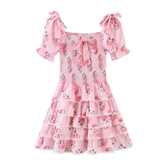 Pink floral dress with ruffled sleeves and bottom- front