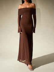 Off-Shoulder Flared Long Sleeve Sequined Maxi Dress
