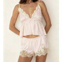 Lace Trim Satin Cami Top and Shorts Pajama Set