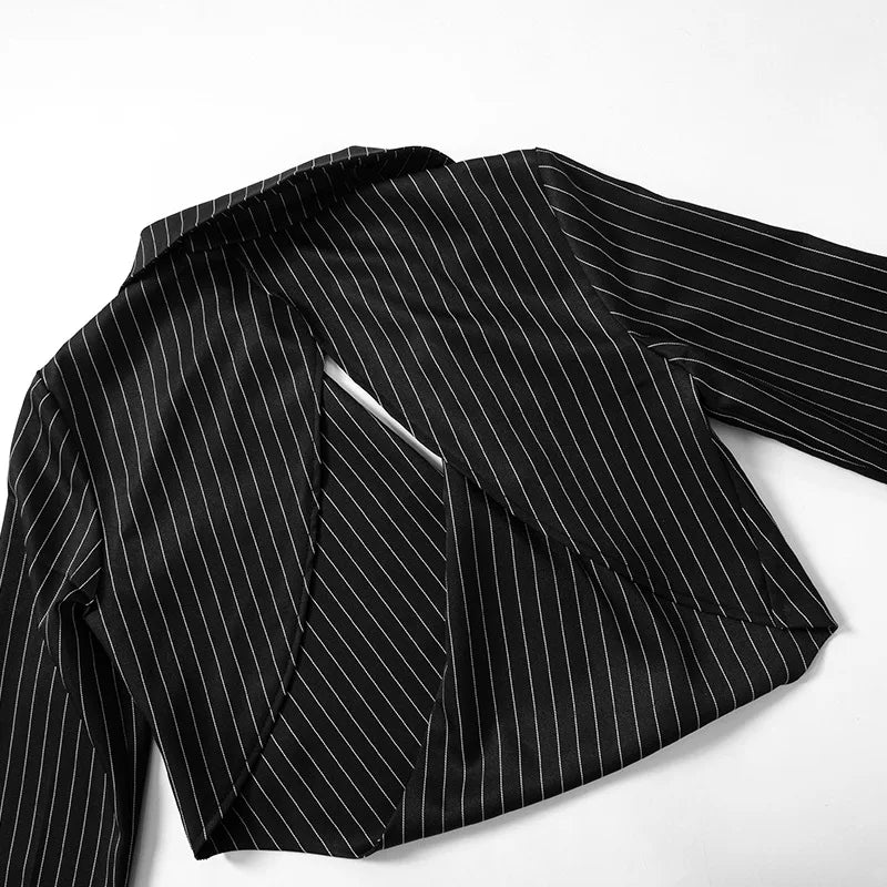 Black Striped Shirt Deep Neck Crop Top