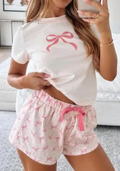 Bow Print Short Sleeve T-Shirt and Elastic Shorts Pajamas Set