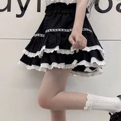 Black Lace Trim Ruffles Mini Skirt