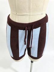 Striped Letter Jacquard Knit Sweater Top And Drawstring Shorts Set