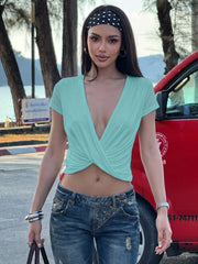 Deep V-neck Ruched T-shirt