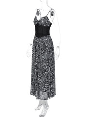 Zebra Print Spaghetti Strap Mesh Corset Patchwork Maxi Dress